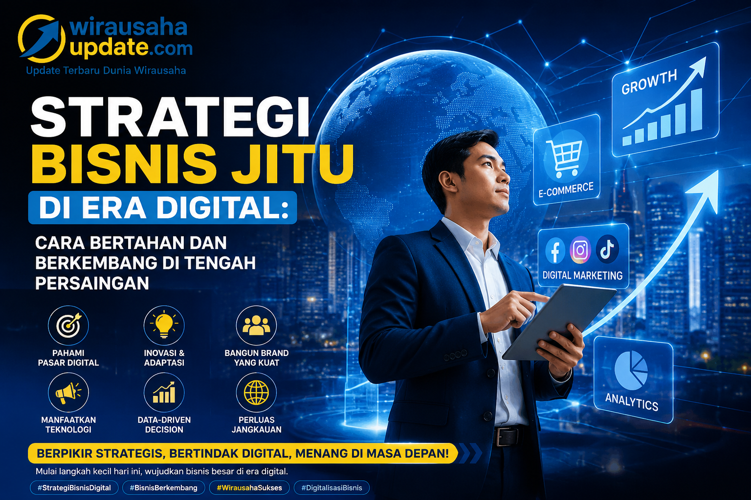 Strategi bisnis di era digital adalah perencanaan dan langkah-langkah yang dilakukan perusahaan dengan memanfaatkan teknologi digital untuk mencapai tujuan bisnis, meningkatkan daya saing, serta memperluas pasar. Strategi ini tidak hanya fokus pada penjualan, tetapi juga mencakup pemasaran, pelayanan pelanggan, hingga pengelolaan operasional berbasis teknologi.