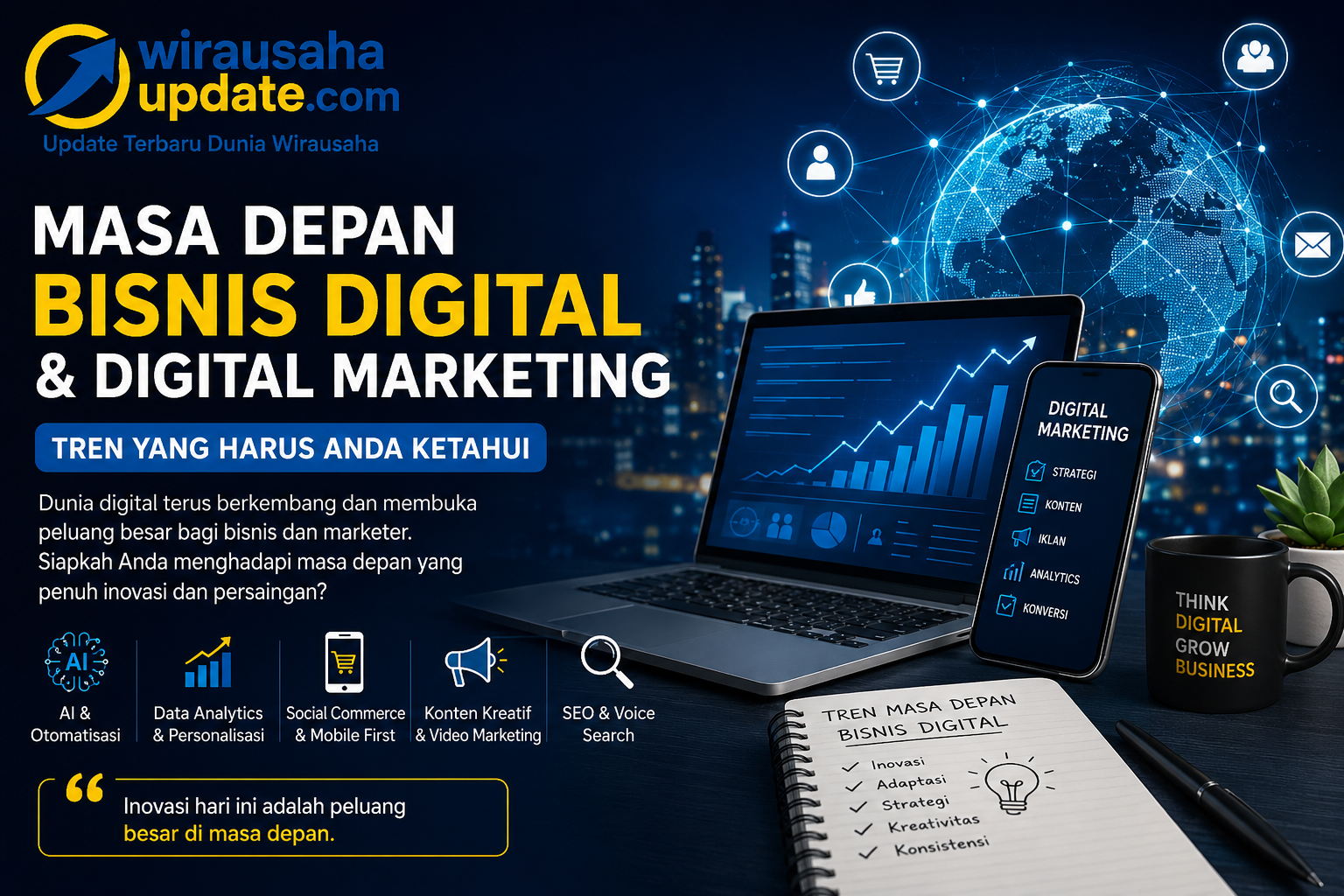 Masa depan bisnis digital dan digital marketing terlihat semakin menjanjikan. Perkembangan teknologi seperti Artificial Intelligence, analisis data, media sosial, serta otomatisasi akan terus mengubah cara perusahaan menjalankan bisnis dan berinteraksi dengan pelanggan. Pelaku usaha yang mampu beradaptasi, memanfaatkan teknologi secara tepat, serta memahami kebutuhan konsumen akan memiliki peluang lebih besar untuk berkembang. Sebaliknya, bisnis yang enggan mengikuti perubahan berisiko tertinggal di tengah persaingan yang semakin ketat. Oleh karena itu, mulai sekarang penting untuk meningkatkan kemampuan digital, memperkuat strategi pemasaran, dan terus mengikuti tren terbaru agar bisnis tetap relevan, kompetitif, dan siap menghadapi tantangan di masa depan.