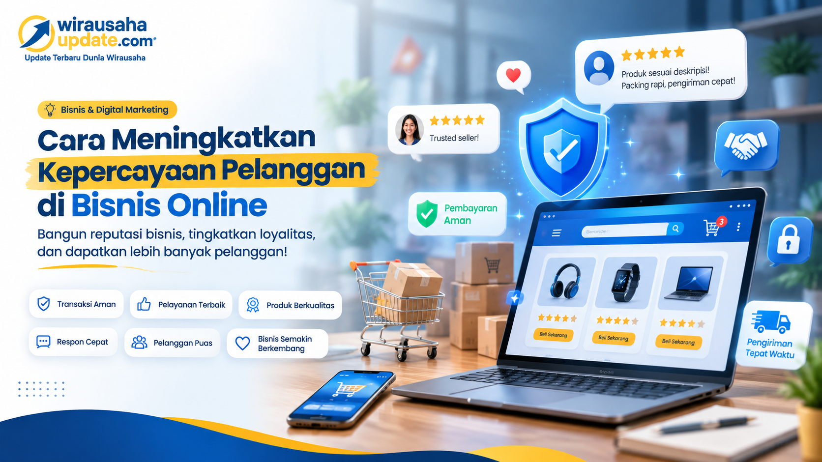 Meningkatkan kepercayaan pelanggan di bisnis online membutuhkan proses yang konsisten. Bisnis tidak cukup hanya memiliki produk berkualitas, tetapi juga perlu memberikan informasi yang jujur, pelayanan yang baik, website yang profesional, sistem pembayaran yang jelas, serta perlindungan terhadap data pelanggan. Kepercayaan dibangun dari pengalaman pelanggan. Ketika pelanggan merasa aman, dihargai, dan mendapatkan apa yang dijanjikan, peluang mereka untuk kembali membeli akan semakin besar. Pada akhirnya, bisnis online yang mampu menjaga kepercayaan pelanggan bukan hanya berpeluang mendapatkan transaksi hari ini, tetapi juga dapat membangun hubungan jangka panjang dengan konsumennya. Mulailah membangun kepercayaan dari hal-hal sederhana: berikan informasi yang jujur, layani pelanggan dengan baik, dan selalu tepati apa yang telah dijanjikan.