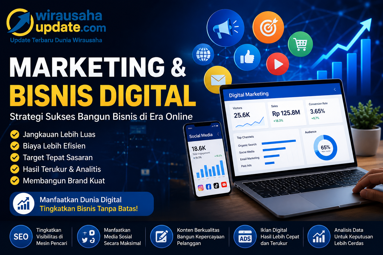 Marketing & Bisnis Digital memberikan peluang besar bagi perusahaan maupun UMKM untuk berkembang di tengah perubahan perilaku konsumen. Dengan memanfaatkan SEO, media sosial, content marketing, digital advertising, email marketing, marketplace, dan analisis data, bisnis dapat menjangkau konsumen dengan lebih efektif. Kunci keberhasilan bukan hanya memiliki akun digital atau sering membuat konten. Bisnis perlu memahami siapa konsumennya, masalah apa yang mereka hadapi, solusi apa yang ditawarkan, serta bagaimana membangun hubungan jangka panjang dengan pelanggan. Pada akhirnya, teknologi hanyalah alat. Strategi, kreativitas, konsistensi, dan kemampuan memahami pelanggan tetap menjadi faktor utama dalam membangun bisnis digital yang berkelanjutan.