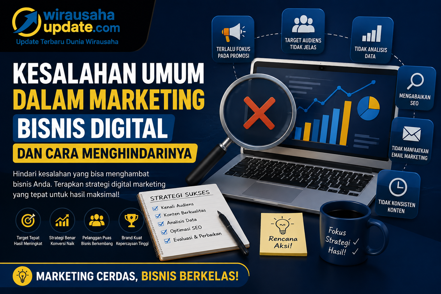 Marketing bisnis digital merupakan salah satu kunci utama dalam mengembangkan usaha di era modern. Namun, keberhasilannya tidak hanya bergantung pada besarnya anggaran promosi, tetapi juga pada strategi yang tepat. Kesalahan seperti tidak memahami target audiens, mengabaikan SEO, terlalu fokus pada penjualan, hingga tidak memanfaatkan data analitik dapat menghambat pertumbuhan bisnis. Dengan memahami berbagai kesalahan umum dan menerapkan solusi yang tepat, Anda dapat membangun strategi pemasaran digital yang lebih efektif, meningkatkan kepercayaan pelanggan, memperluas jangkauan pasar, dan mendorong pertumbuhan bisnis secara berkelanjutan.
