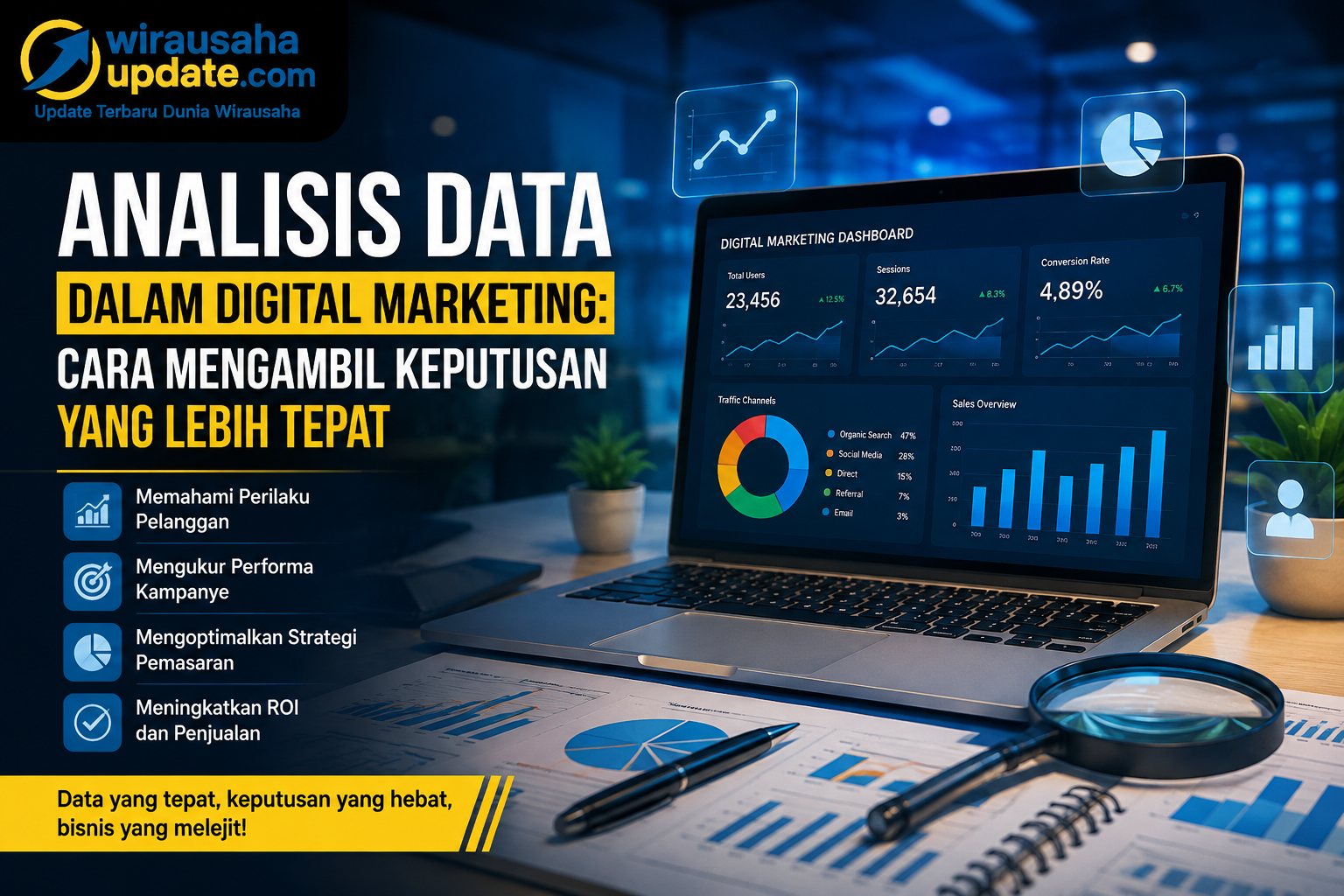Analisis data dalam digital marketing merupakan fondasi penting untuk menyusun strategi pemasaran yang efektif dan efisien. Dengan memanfaatkan data dari website, media sosial, SEO, iklan digital, hingga penjualan, perusahaan dapat memahami perilaku pelanggan, mengukur keberhasilan kampanye, serta mengoptimalkan penggunaan anggaran pemasaran. Keputusan yang didasarkan pada data nyata cenderung lebih akurat dibandingkan keputusan yang hanya mengandalkan intuisi. Oleh karena itu, setiap pelaku bisnis perlu membiasakan diri mengumpulkan, menganalisis, dan mengevaluasi data secara berkala agar mampu bersaing di era digital yang terus berkembang