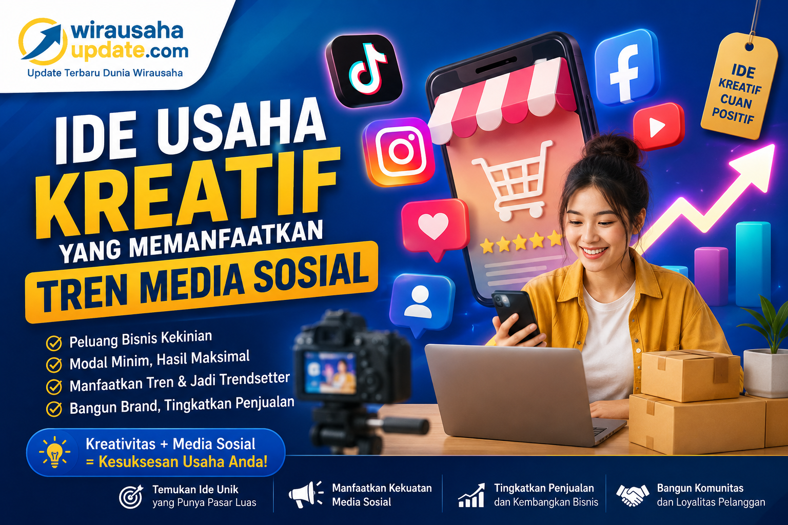 Media sosial telah membuka peluang besar bagi siapa saja yang ingin memulai usaha dengan modal yang relatif terjangkau. Berbagai ide usaha kreatif seperti bisnis fashion, kuliner, affiliate marketing, jasa desain grafis, content creator, hingga pembuatan website dapat berkembang pesat apabila dipadukan dengan strategi pemasaran digital yang tepat. Kunci keberhasilan tidak hanya terletak pada produk yang dijual, tetapi juga pada kemampuan membangun konten yang menarik, menjaga konsistensi, memahami kebutuhan audiens, dan terus mengikuti perkembangan tren. Dengan kreativitas, inovasi, dan pemanfaatan media sosial secara optimal, usaha kecil sekalipun memiliki peluang untuk berkembang menjadi bisnis yang dikenal luas dan menghasilkan keuntungan yang berkelanjutan.
