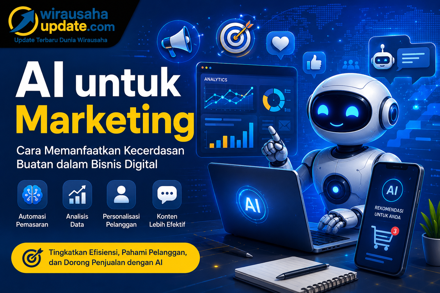 AI untuk marketing memberikan banyak peluang bagi bisnis digital untuk bekerja lebih cepat, memahami pelanggan dengan lebih baik, dan membuat strategi pemasaran berdasarkan data. AI dapat membantu berbagai aktivitas, mulai dari membuat ide konten, SEO, social media marketing, chatbot, personalisasi, analisis data, hingga pembuatan iklan. Meskipun demikian, AI tetap memiliki keterbatasan. Hasil yang diberikan perlu diperiksa, diedit, dan disesuaikan dengan kebutuhan bisnis. Faktor manusia seperti kreativitas, empati, strategi, dan kemampuan mengambil keputusan tetap sangat penting. Dengan penggunaan yang bijak, AI dapat menjadi partner kerja yang membantu bisnis berkembang di tengah persaingan digital yang semakin ketat.