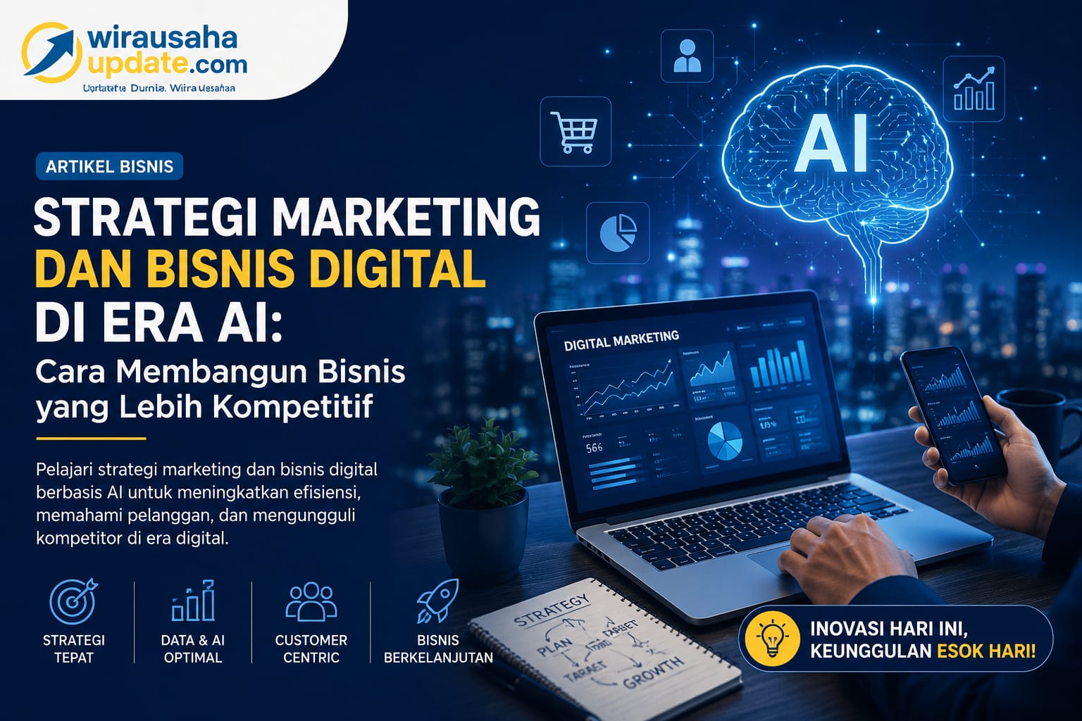 Marketing dan bisnis digital telah menjadi bagian penting dalam perkembangan bisnis modern. Teknologi memberikan kesempatan bagi bisnis kecil maupun besar untuk menjangkau pelanggan secara lebih luas, membangun hubungan dengan konsumen, serta mengukur hasil pemasaran secara lebih terstruktur. Di era AI, bisnis tidak cukup hanya hadir di internet. Bisnis perlu memahami pelanggan, membuat konten yang bermanfaat, memanfaatkan data secara bertanggung jawab, membangun kepercayaan, dan memilih teknologi yang benar-benar memberikan manfaat. Pada akhirnya, teknologi hanyalah alat. Keberhasilan bisnis tetap ditentukan oleh kemampuan memahami kebutuhan pelanggan dan memberikan produk atau layanan yang memiliki nilai. Intinya: jangan hanya mengikuti tren digital, tetapi guna