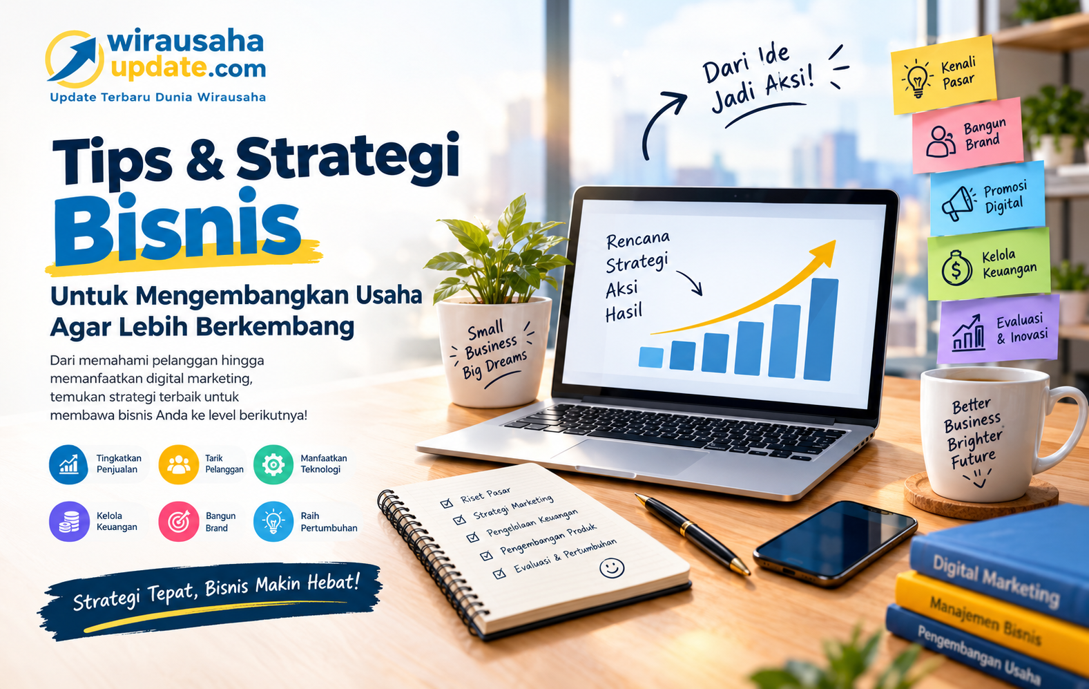 Pelajari tips dan strategi bisnis untuk mengembangkan usaha, meningkatkan penjualan, menarik pelanggan, memanfaatkan digital marketing, dan mengelola keuangan.